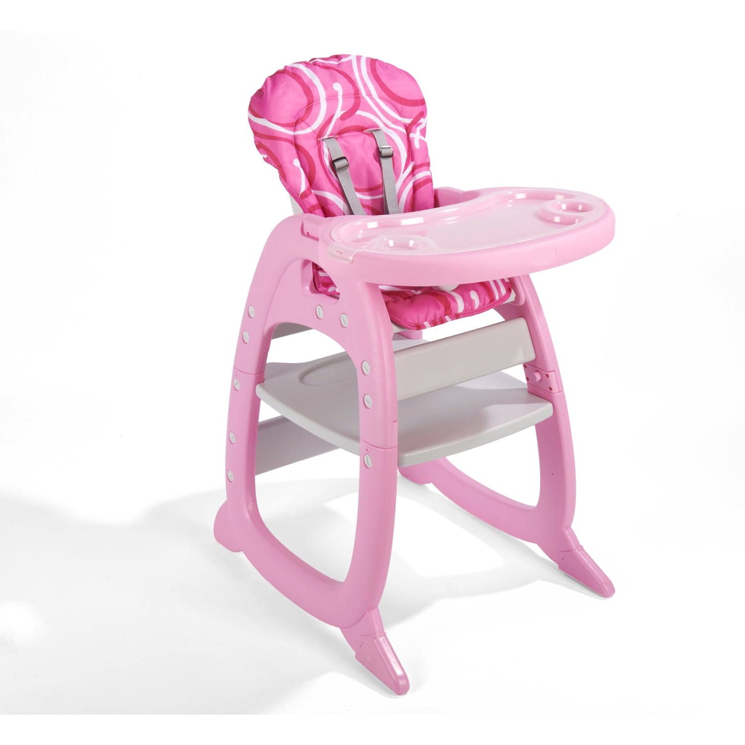 Pink and White Reclining Convertible Baby High Chair with Play Table