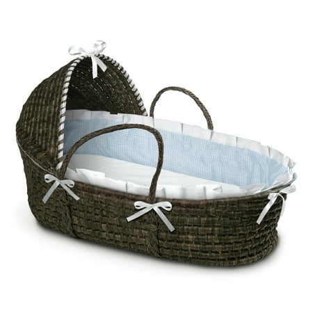 Badger Basket Espresso Hooded Moses Basket - Blue Gingham Bedding