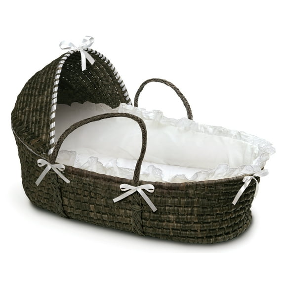 Badger Basket Espresso Hooded Moses Basket - White Bedding