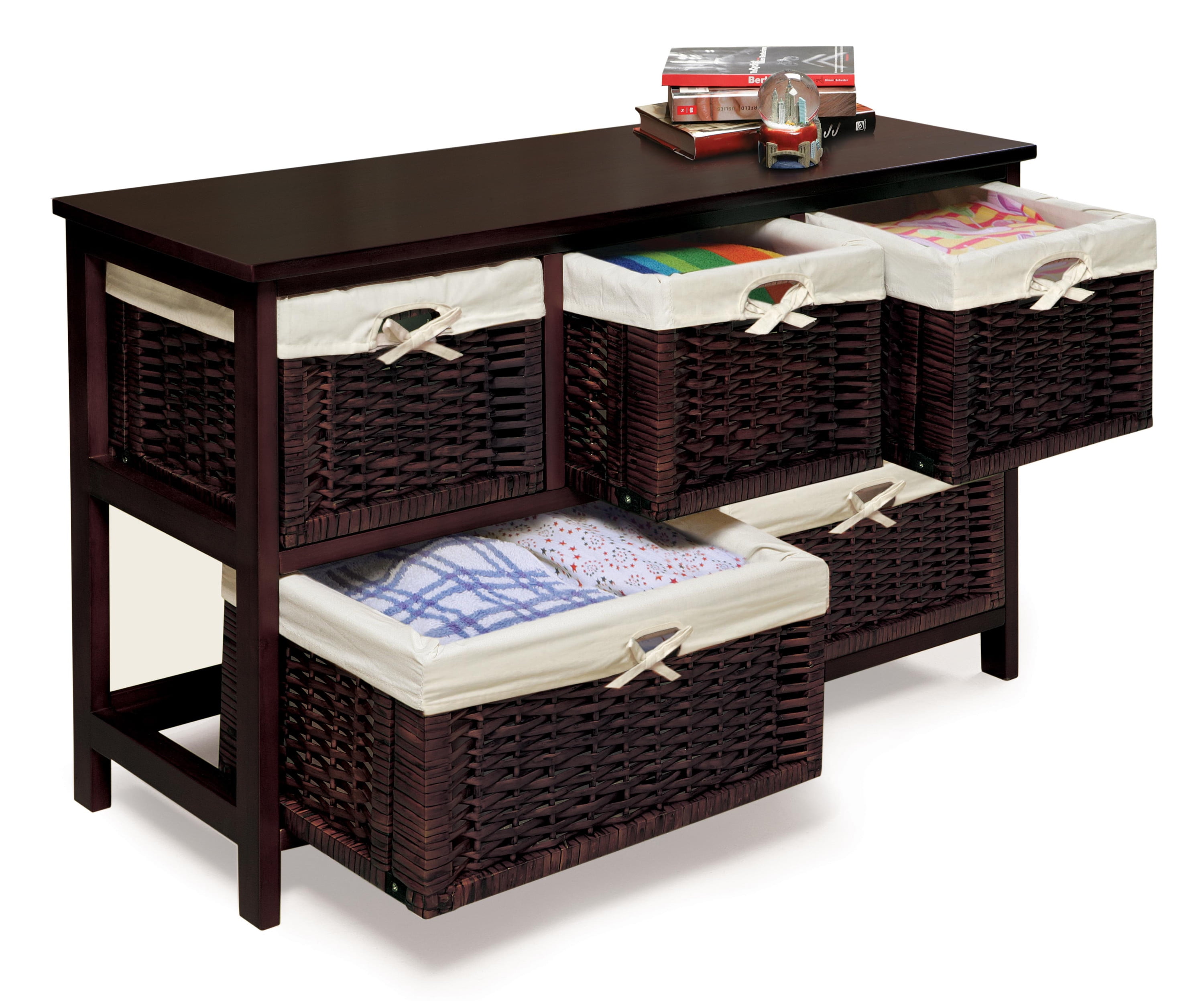 Espresso Wood and Wicker Five Basket Storage Unit
