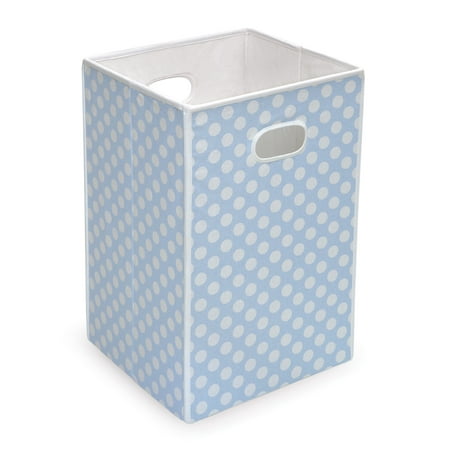 Badger Basket Folding Hamper/Storage Bin, Blue with White Polka Dots, Includes Pad