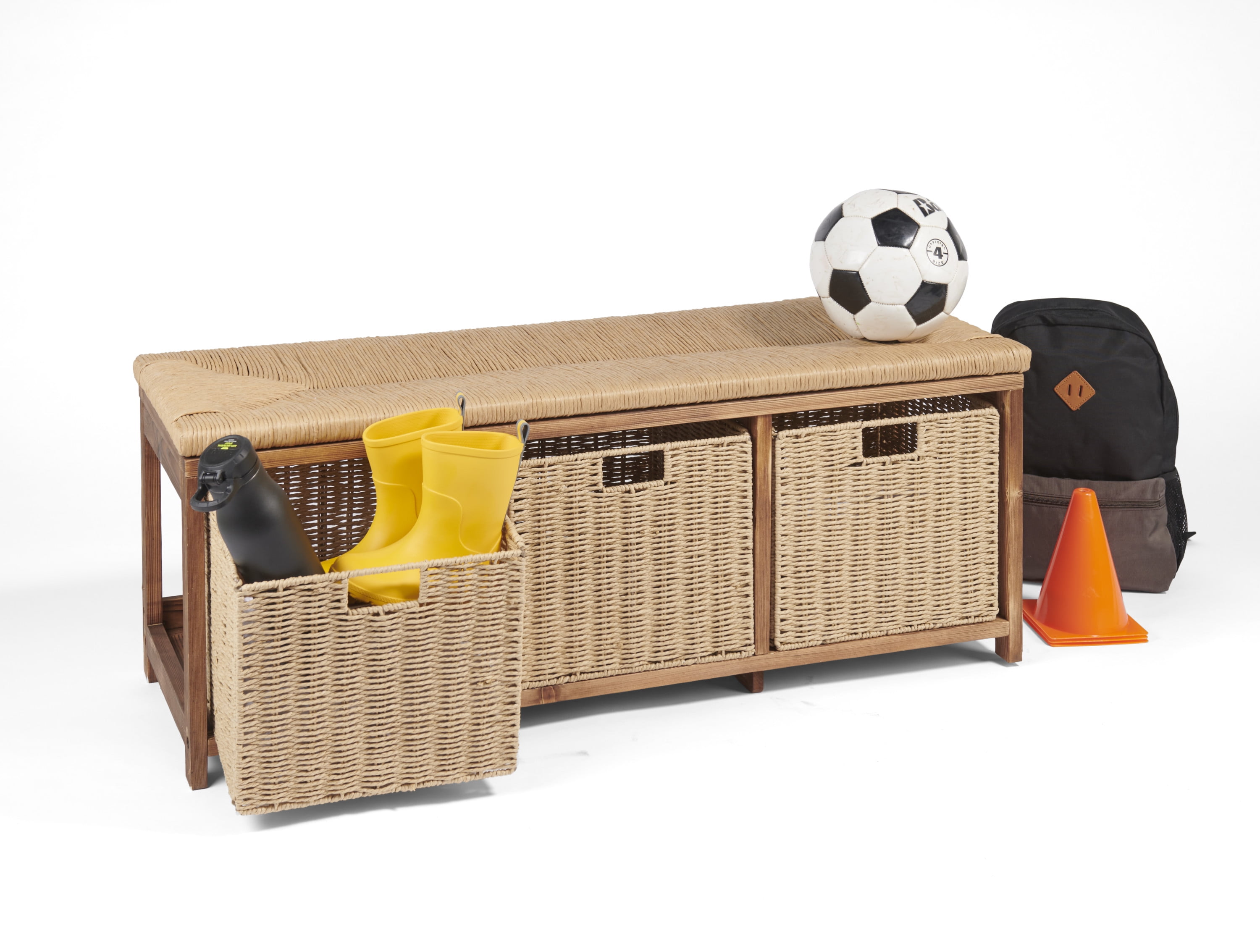 Brown Pine Kid's Storage Bench with Woven Top and Baskets