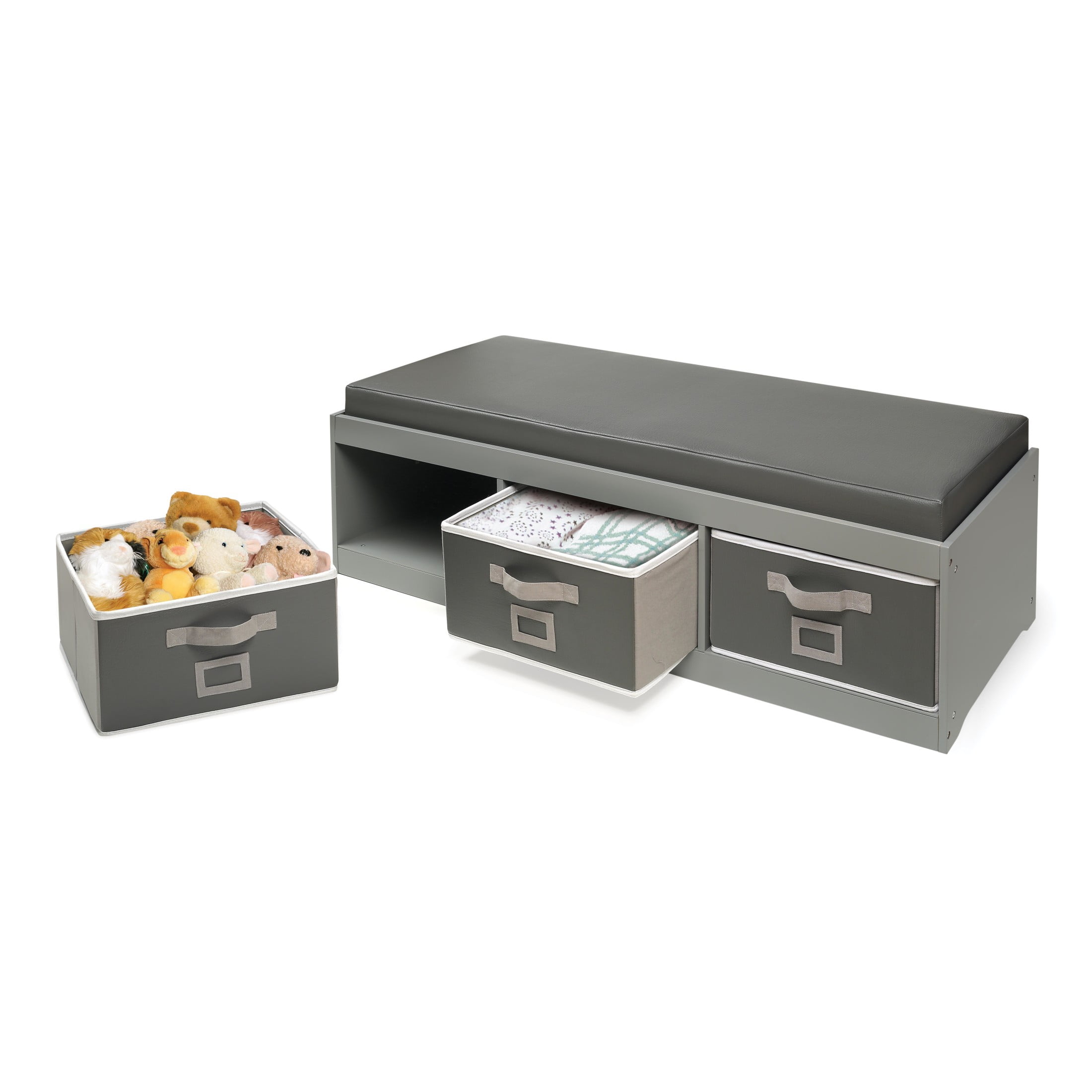 Gray Kid's Storage Bench with Cushion and Fabric Bins