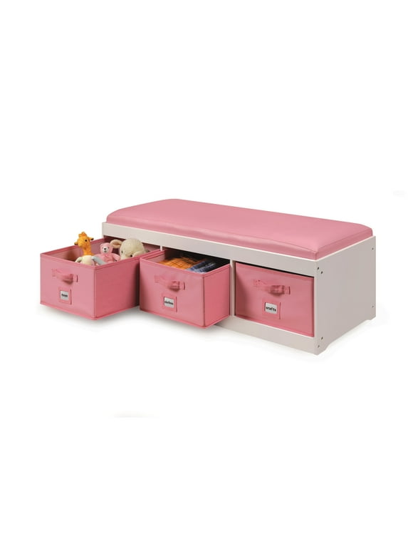 Badger Basket Kid's Toy Storage Bench with Cushion and Fabric Bins 2.7 Cu ft. - Pink/White