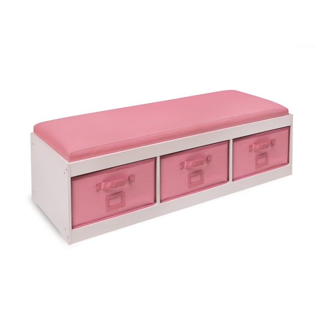 Badger Basket Kids Storage Bench with Cushion & 3 Bins White/Pink
