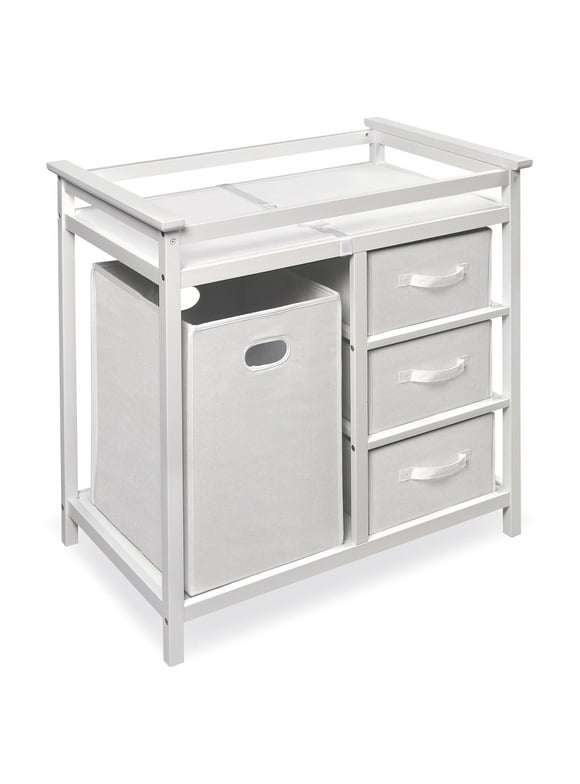 Badger Basket Modern Baby Changing Table with Hamper and 3 Baskets, White, Includes Pad