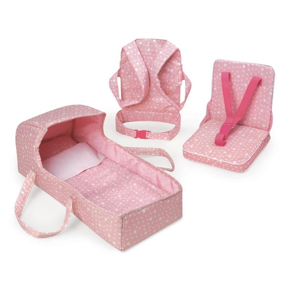 Badger Basket On-the-Go Set with Doll Booster Seat, Travel Bed & Carrier for 18 inch Dolls - Pink