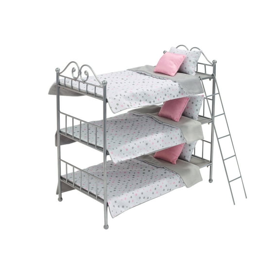 Badger Basket Scrollwork Metal Triple Bunk Bed with Ladder, Bedding for 18 inch Dolls - Silver/Pink