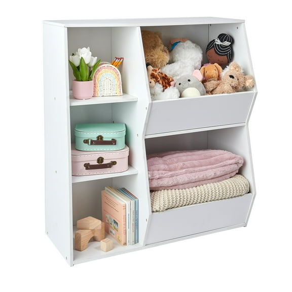 Badger Basket Side-by-Side Children's Combo Bin Wood Toy Storage Bookshelf with 5 Cubbies 7.7 Cu ft. - White