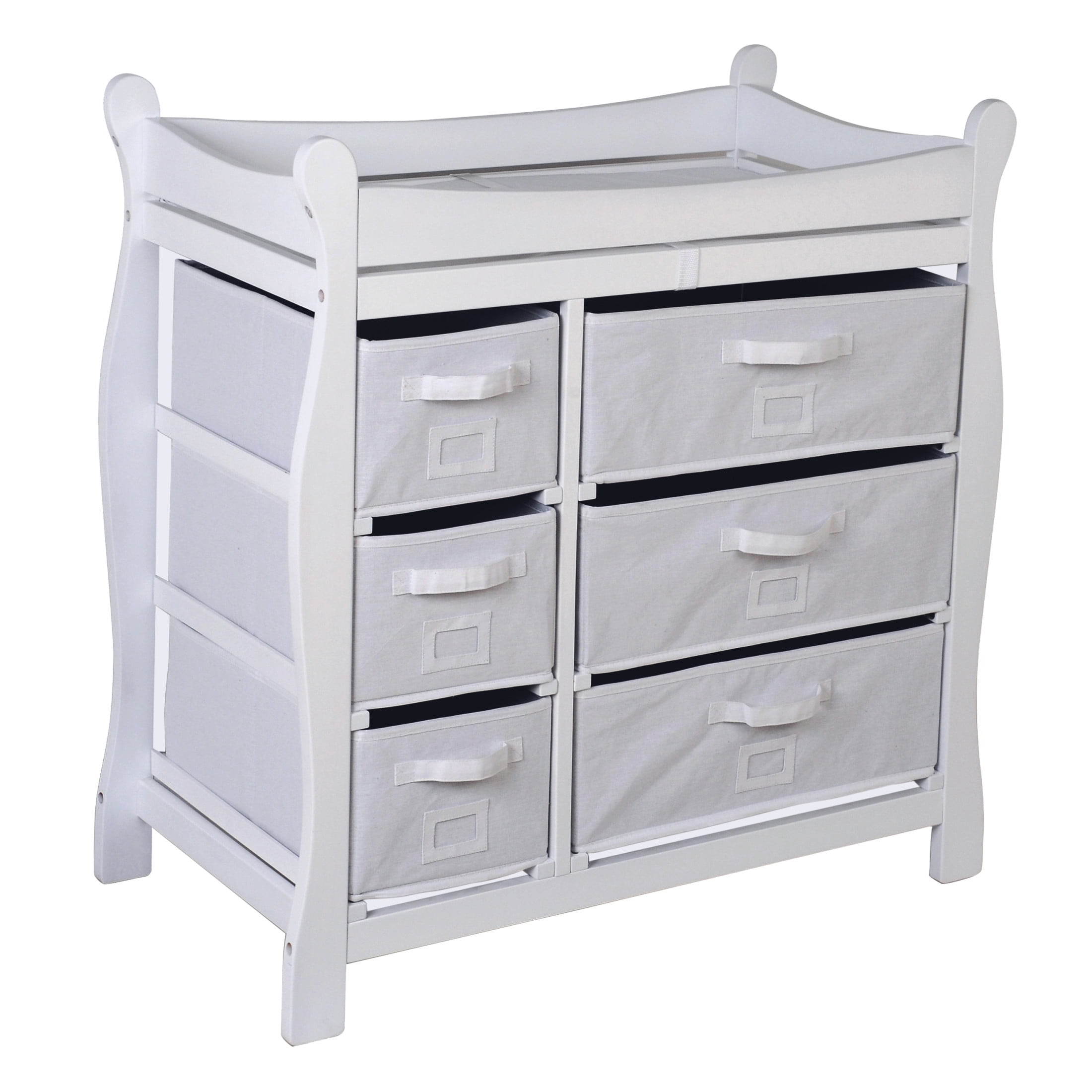 White Sleigh Style Baby Changing Table with 6 Fabric Drawers