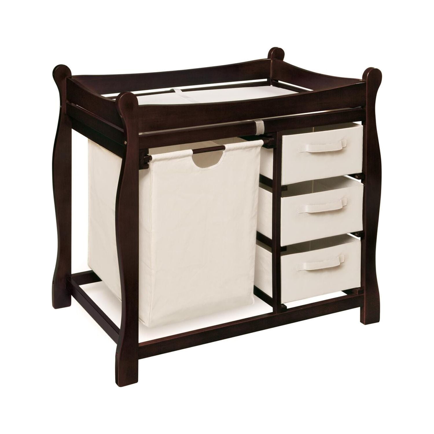 Sleigh style baby changing table with cheap 6 storage baskets and pad