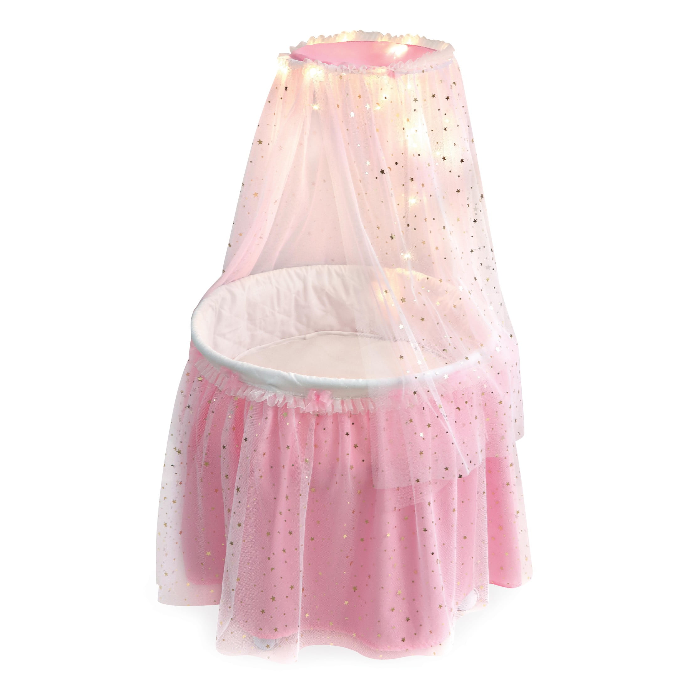 Pink and White Doll Bassinet with Canopy and LED Lights
