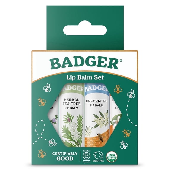 Badger Classic Lip Balm Set Green Box: Mint, Tea Tree, Unscented, Tangerine, 0.15 oz (4 Pack)