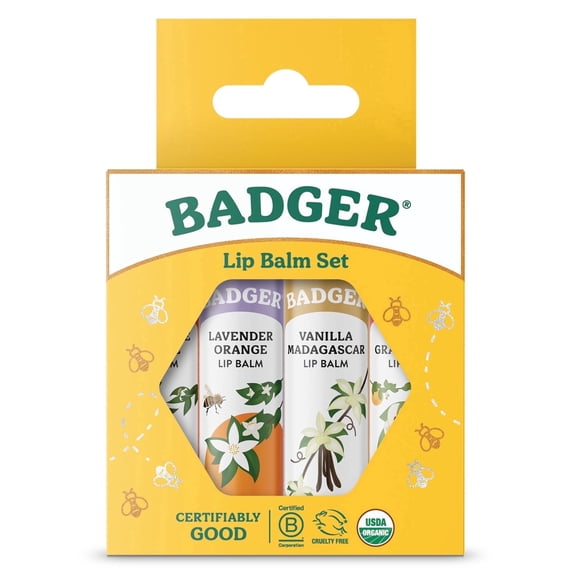Badger Classic Lip Balm Set Yellow Box: Tangerine, Lavender Orange, Vanilla, Grapefruit, 0.15 oz (4 Pack)