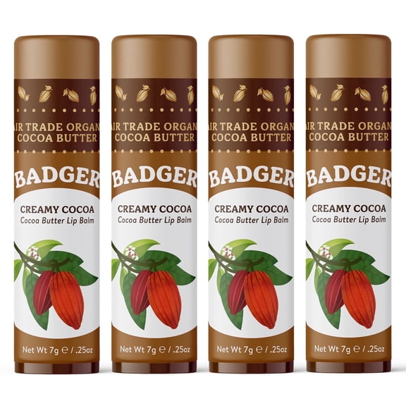 Badger Cocoa Butter Lip Balm Sticks, Organic Creamy Cocoa Butter, 0.25 oz (4 Pack)