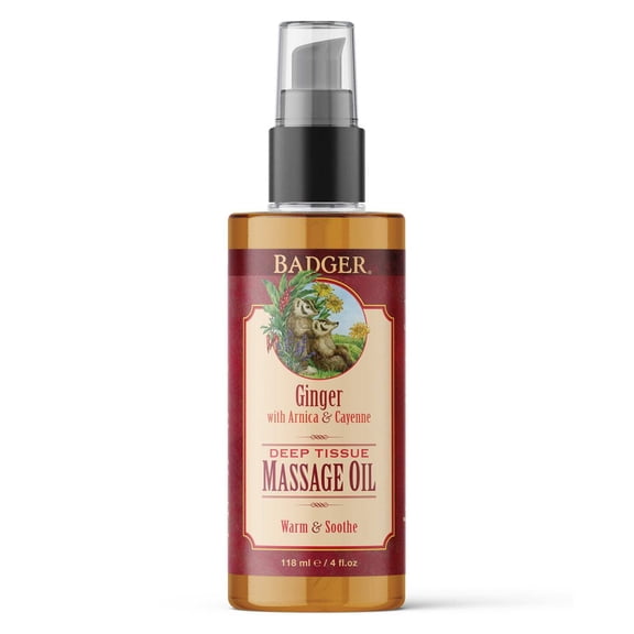 Badger - Deep Tissue Massage Oil, Ginger with Arnica & Cayenne, Certified Organic Massage Oil, Warm & Soothe, Massage Oil for Sore Muscles, Essential Oils