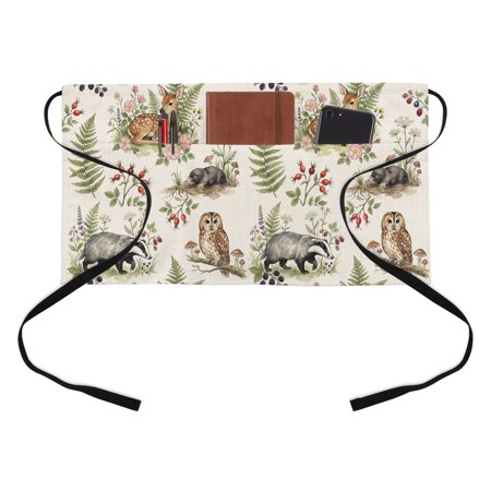 Badger Deer Owl Kitchen Restaurant Half Waist Apron, Rustic Forest Wilderness Nature Ferns Wild Berry Server Short Apron with 3 Pockets Waterproof Oil Waist Aprons for Women Waitress Waiter