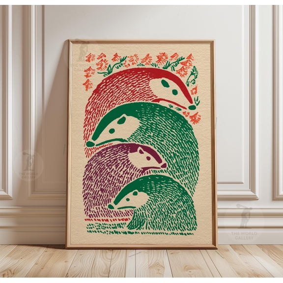 Badger Folk Art Poster Woodland Animal Vintage Nature Wall Art Print Home Decor Paper Poster Print Only