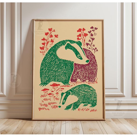 Badger Folk Art Poster Woodland Animal Vintage Nature Wall Art Print Home Decor Paper Poster Print Only