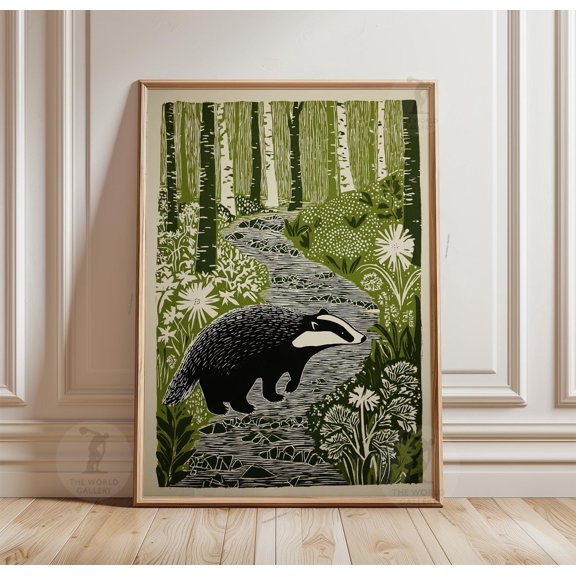 Badger Forest Stream Poster, Green Linocut Wildlife Print, Woodland Nature Wall Decor Artwork, Poster Only