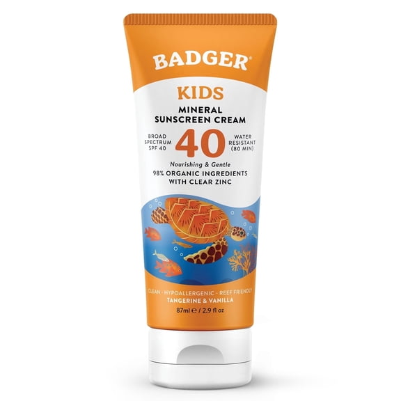 Badger Kids Mineral Sunscreen Cream, SPF 40, Toxin-Free, Reef-Safe, 2.9 fl oz