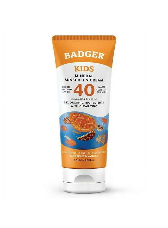Badger Kids Sunscreen Cream SPF 40, Organic Mineral Sunscreen Kids Face & Body with Zinc Oxide, Reef Friendly, Broad Spectrum, Water Resistant, 2.9 fl oz