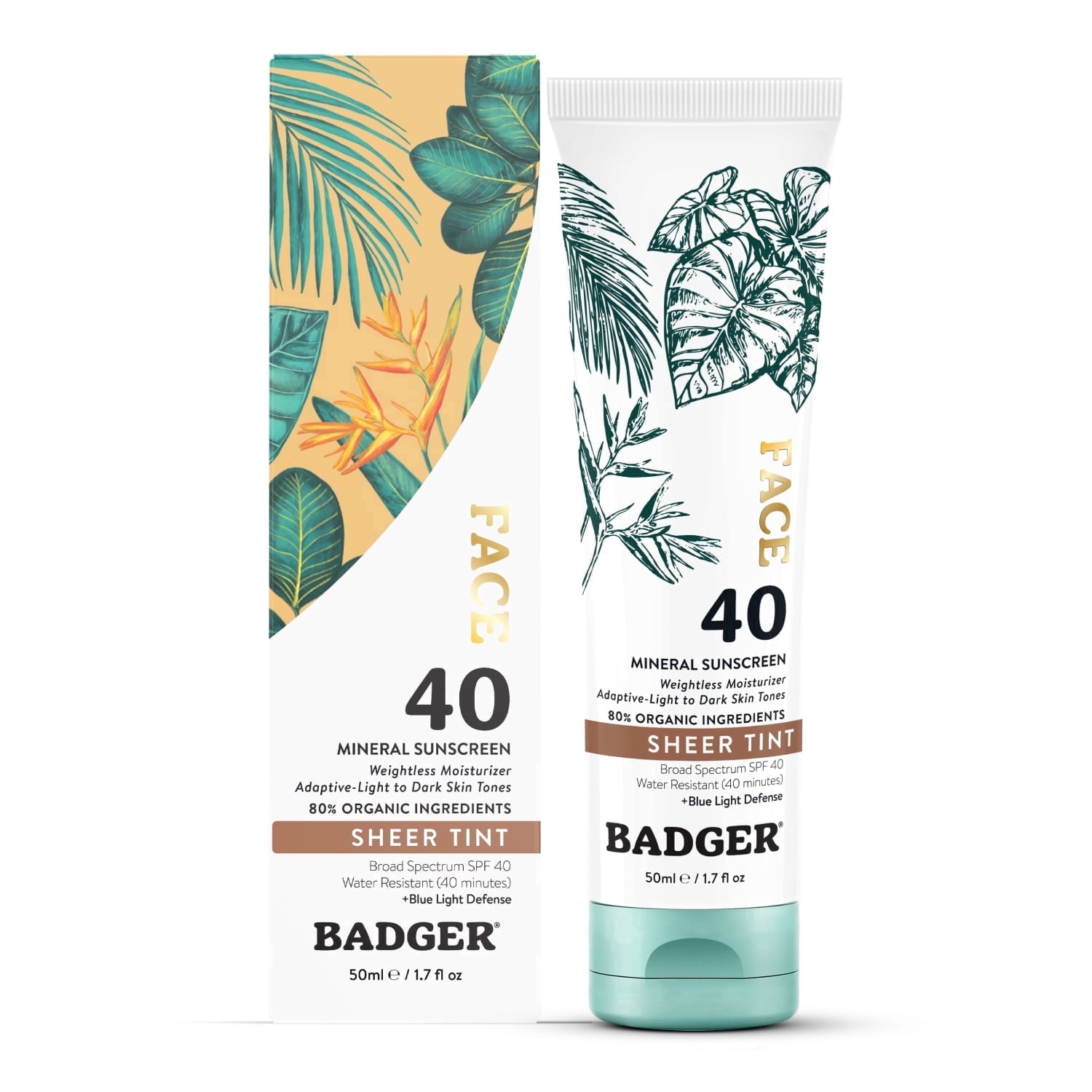 Badger Mineral Tinted Face Sunscreen, Unscented, SPF 40, 1.7 fl oz