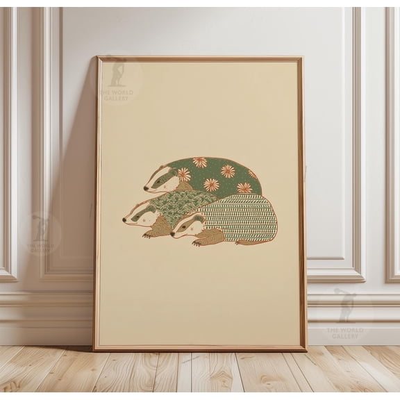 Badger Poster, Green Brown Woodland Animal Print, Minimal Folk Line Art Wall Decor , Poster Print Only