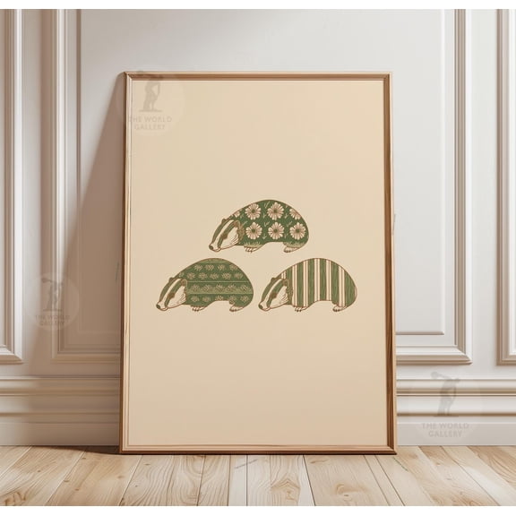 Badger Poster, Green Brown Woodland Animal Print, Minimal Folk Line Art Wall Decor , Poster Print Only