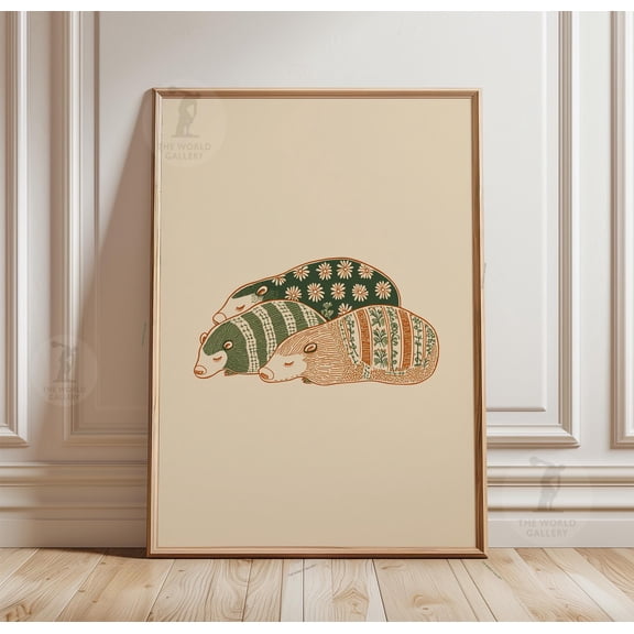 Badger Poster, Green Brown Woodland Animal Print, Minimal Folk Line Art Wall Decor , Poster Print Only