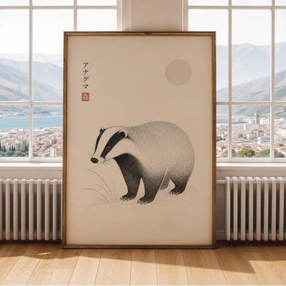 Badger Poster, Modern Minimalist Ink Illustration, Cream And Charcoal, Modern Living Room And Office Decor