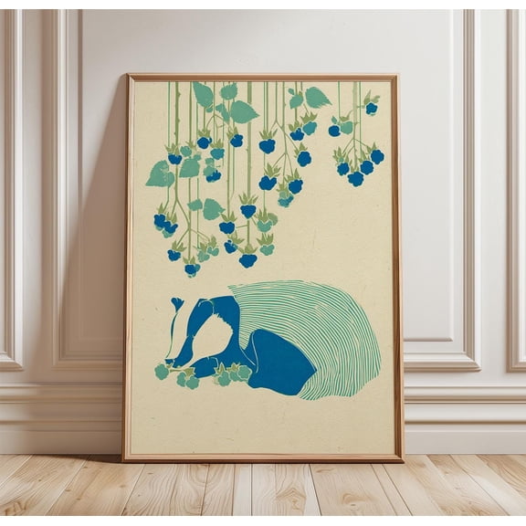 Badger Poster, Woodland Animal Print, Folk Nature Wall Art, Linocut Decor, Poster Only