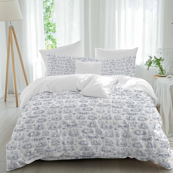 Badger Rabbit Queen Duvet Cover Set, Rustic Minimalist Blue Woodland Meadow Botanical 4 Piece Soft Cozy Comforter Cover Bedding Set with Zipper, 1 Duvet Cover, 1 Flat Sheet, 2 Pillowcase