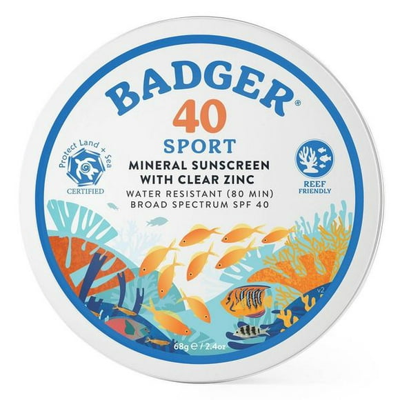 Badger Reef Safe Sunscreen Tin, SPF 40 Organic Sunscreen with Mineral Zinc Oxide, Broad Spectrum, Water Resistant, Unscented, 2.4 oz