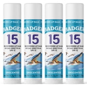 Badger Zinc Oxide Sunscreen Lip Balm SPF 15, Unscented, 0.5 oz, 4 Pack