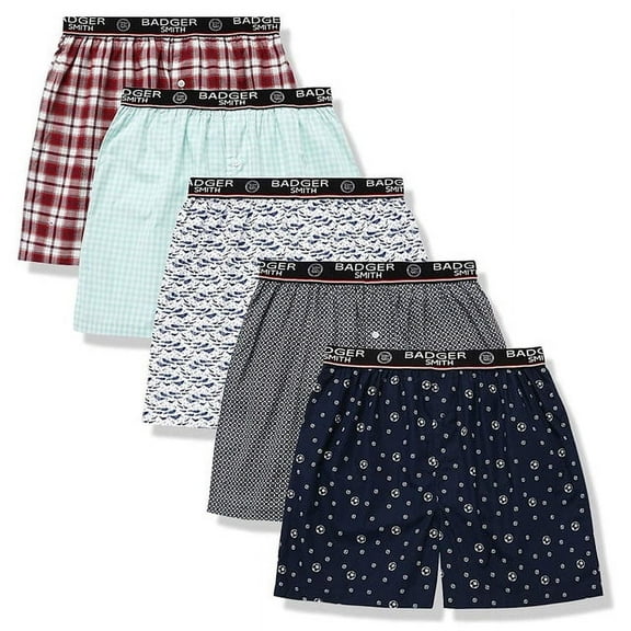 Badger Smith Men's Boxer Shorts, Comfortable Cotton Boxers, 100% Cotton Print and Plaid Boxers For Men, Multi Pack, Medium