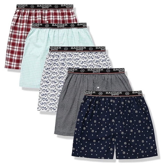 Badger Smith - Men's Boxer Shorts, Comfortable Cotton Boxers, 100% Cotton Print and Plaid Boxers for Men, Multi pack - Small