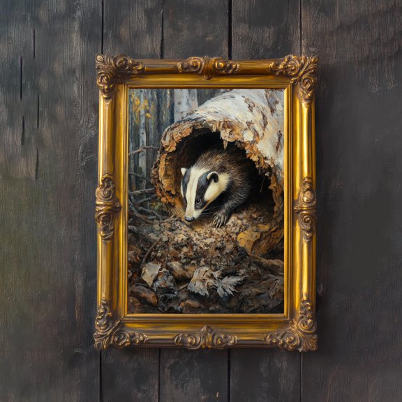 Badger Sniffing A Hollowed Birch Log Cottagecore Print Poster Vintage Woodland Art Dark Academia Decor Antique Illustration Enchanted Forest , Poster Print Only