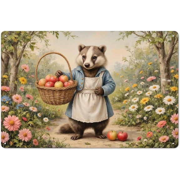 Badger With Apples Tin Sign Wall Decor, 8 x 12 Inch Decorative Metal Plaque for Home Bathroom Kitchen Bar Garage Garden Indoor Outdoor