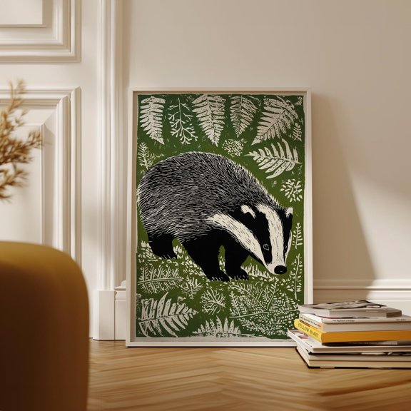 Badger Woodland Poster Green Illustration Art Home Decor Office Wall Art Living Room Decor, Paper Poster Only