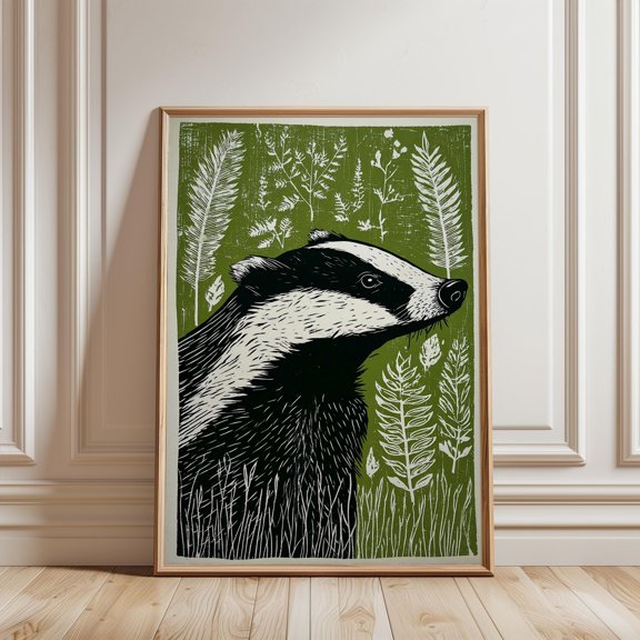Badger Woodland Poster Green Illustration Art Home Decor Office Wall Art Living Room Decor, Paper Poster Only