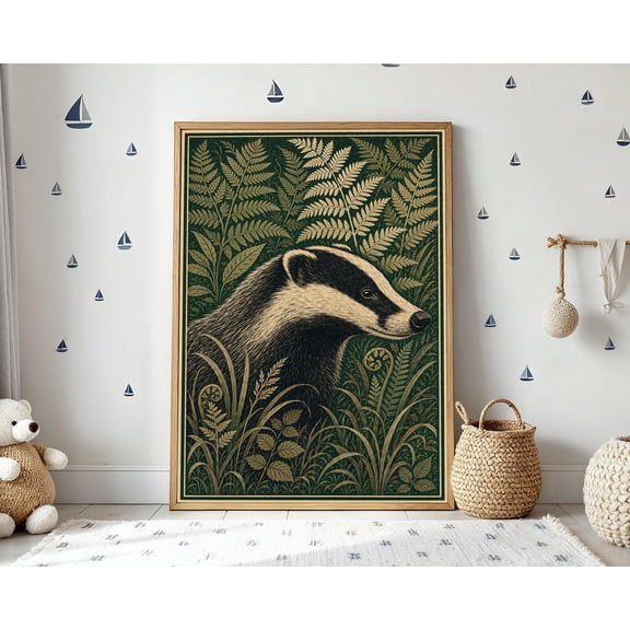 Badger Woodland Textured Illustration Poster , Poster Print Only