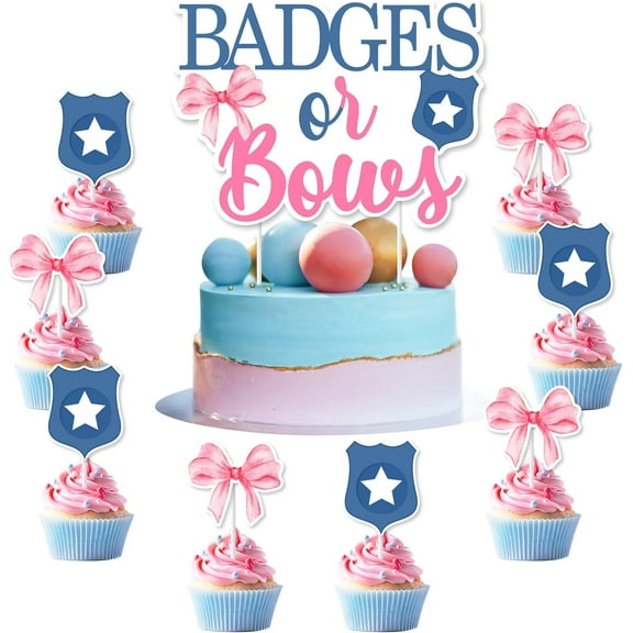 Badges or Bows Gender Reveal Cake Topper Decorations with Blue Badges and Pink Bow Cake Toppers for He or She Pink and Blue Boy or Girl What Will Baby Be Gender Reveal Baby Shower