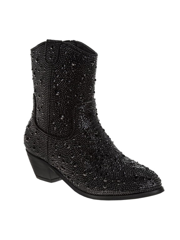 Girls Glittery Low Heel Dress Boots. (Little Kids Big Kids), Black, Size: 5