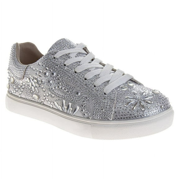 Badgley Mischka Girls Glitzy Sneakers. (Little Kids Big Kids), Silver, Size: 4