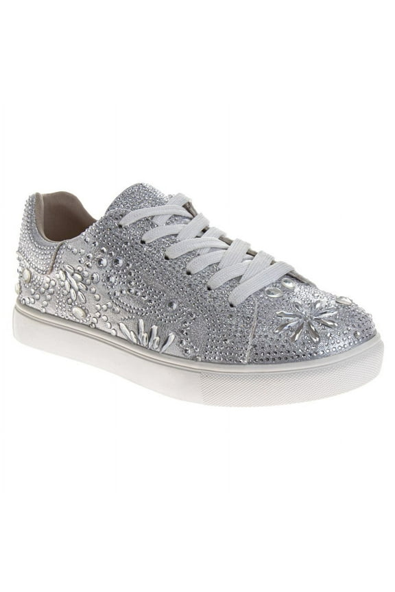Girls Glitzy Sneakers. (Little Kids Big Kids), Silver, Size: 4