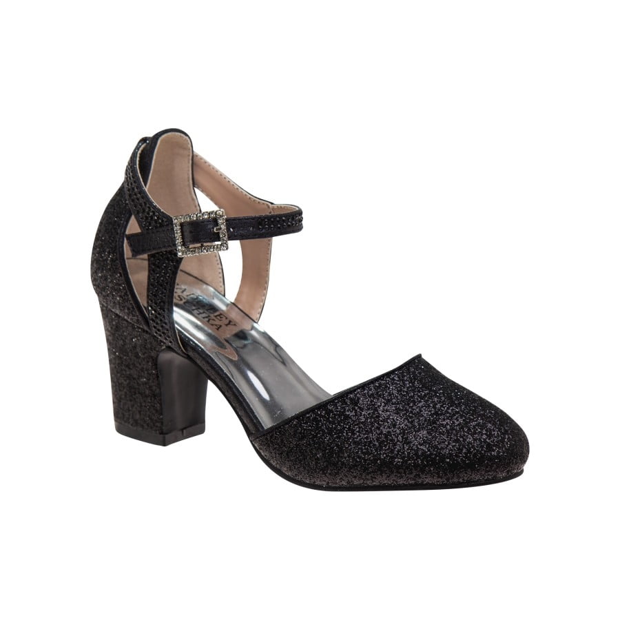 Badgley Mischka Girls Heel Dress Shoes with Bow  Elegant Girls Pumps, Low Heels, Flower Party, Wedding, Princess (Little Kids), Black, 2