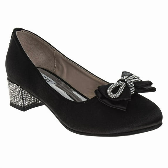 Badgley Mischka Girls Low Heeled Dress Pumps. (Little Kids Big Kids)Black Satin, Size: 8