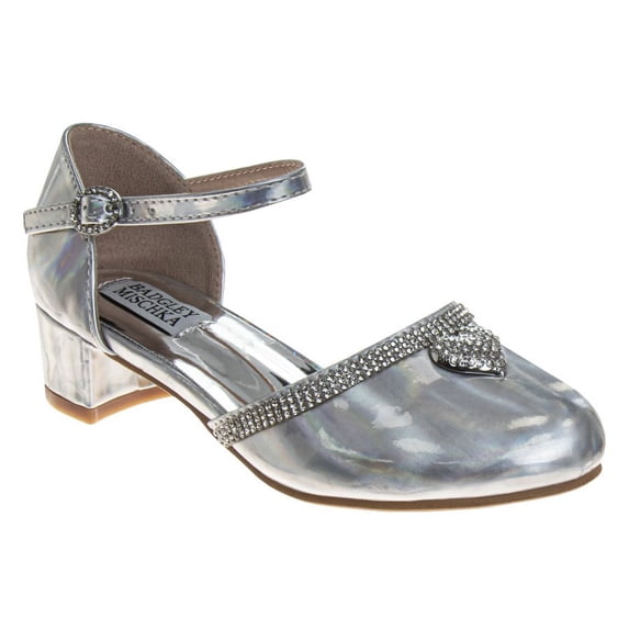 Badgley Mischka Girls Low Heeled Dress Shoes. (Little Kids Big Kids)Silver Hologarphic, Size: 10