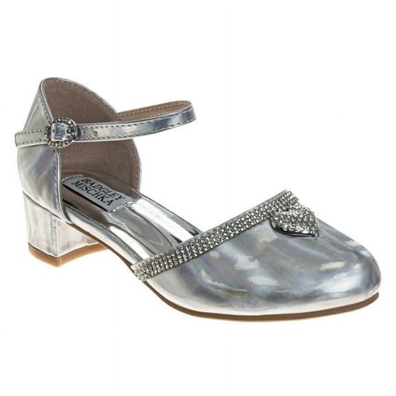 Badgley Mischka Girls Low Heeled Dress Shoes. (Little Kids Big Kids)Silver Hologarphic, Size: 11